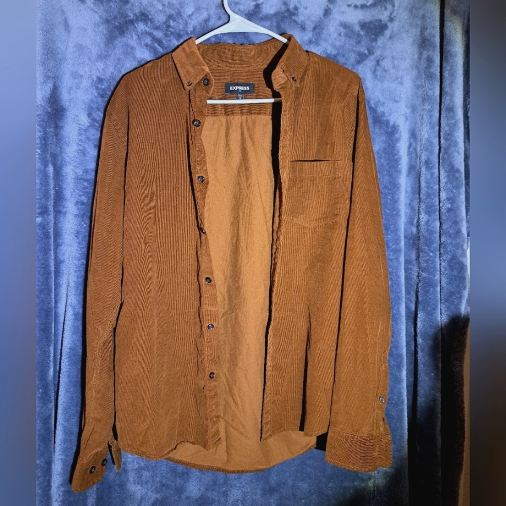Mens Express Button Down Shirt. Color Orange/Brown. Size Medium